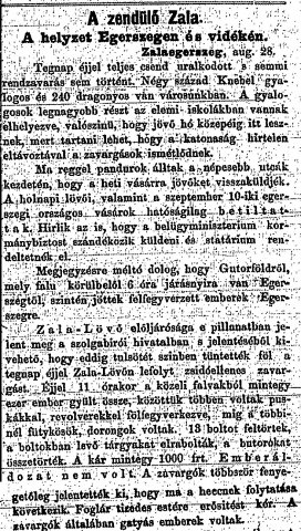 Részlet a „A zendülő Zala.” c. cikkből (Forrás: Budapesti Hírlap, 1883. 08. 29., 3-4. o.)
